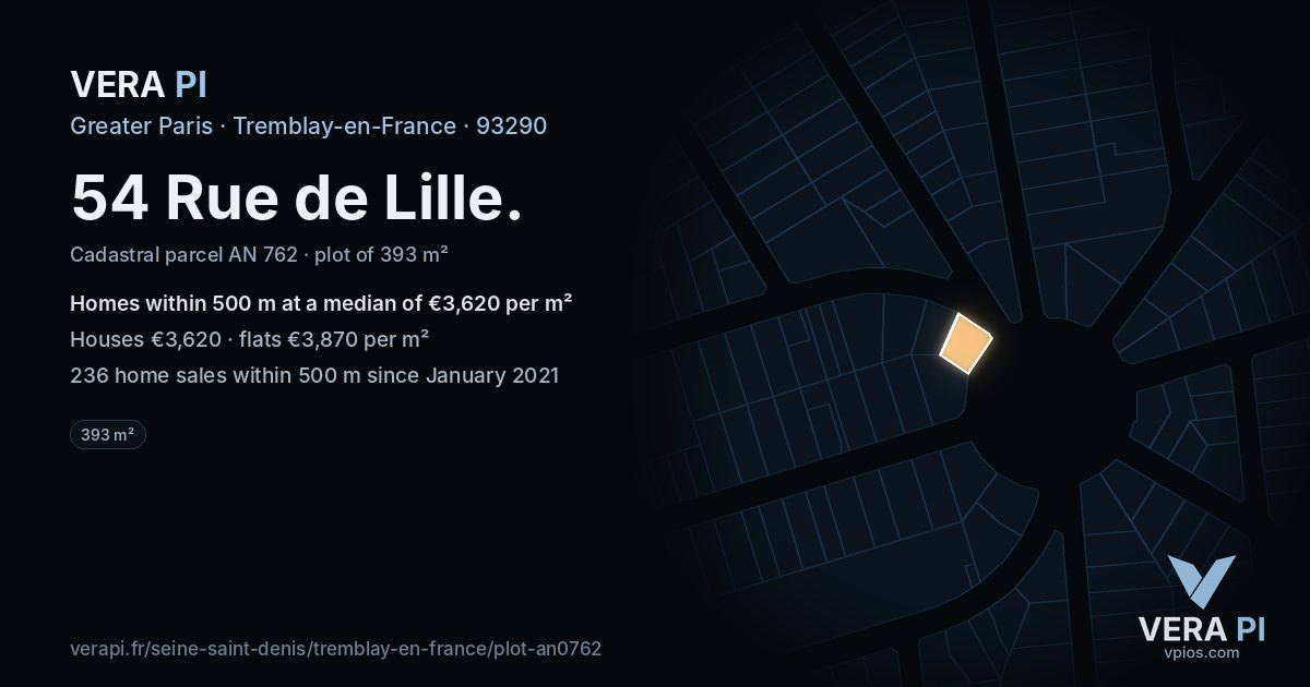 54 Rue de Lille, Tremblay-en-France at night – the plot lit, the parcels around coloured by the prices near them