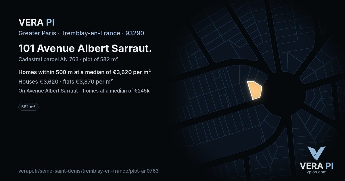 101 Avenue Albert Sarraut, Tremblay-en-France at night – the plot lit, the parcels around coloured by the prices near them