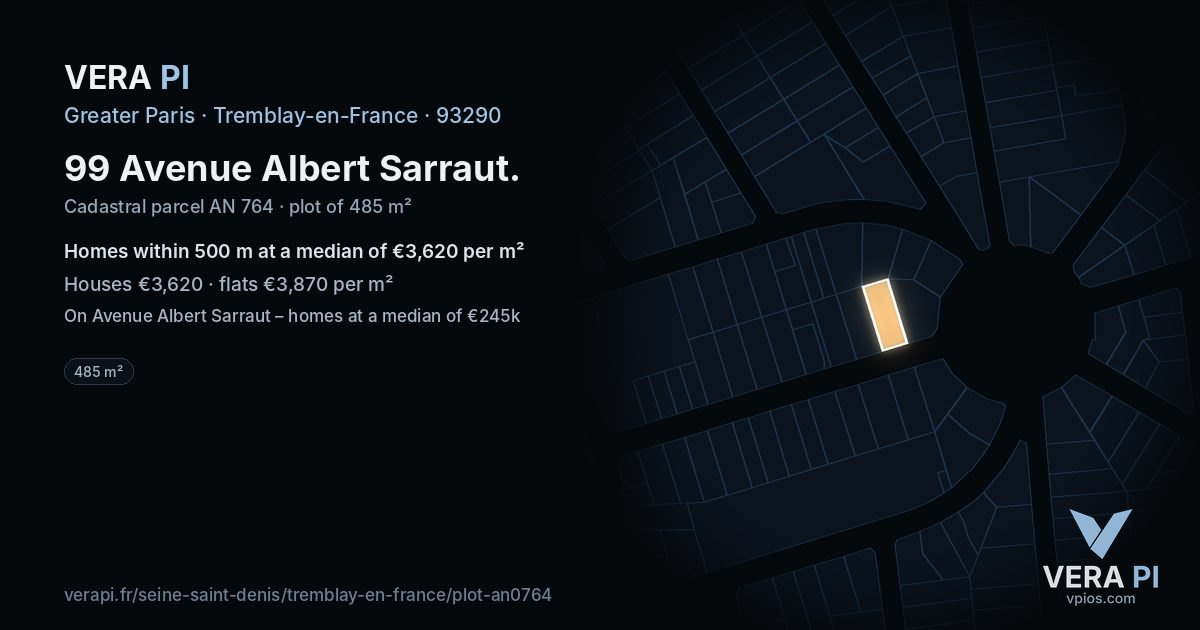 99 Avenue Albert Sarraut, Tremblay-en-France at night – the plot lit, the parcels around coloured by the prices near them