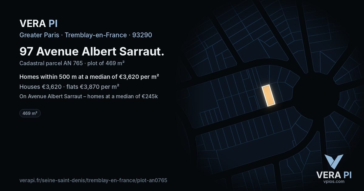 97 Avenue Albert Sarraut, Tremblay-en-France at night – the plot lit, the parcels around coloured by the prices near them