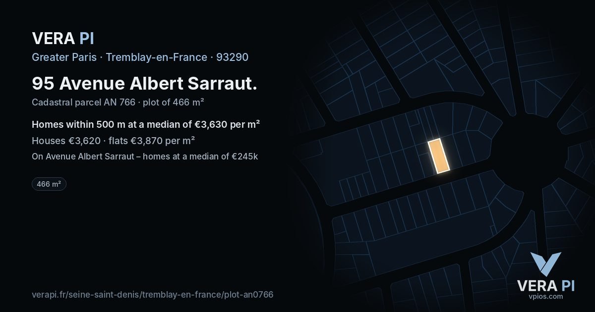 95 Avenue Albert Sarraut, Tremblay-en-France at night – the plot lit, the parcels around coloured by the prices near them