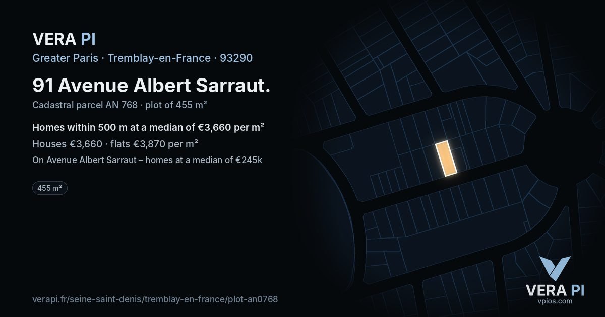 91 Avenue Albert Sarraut, Tremblay-en-France at night – the plot lit, the parcels around coloured by the prices near them