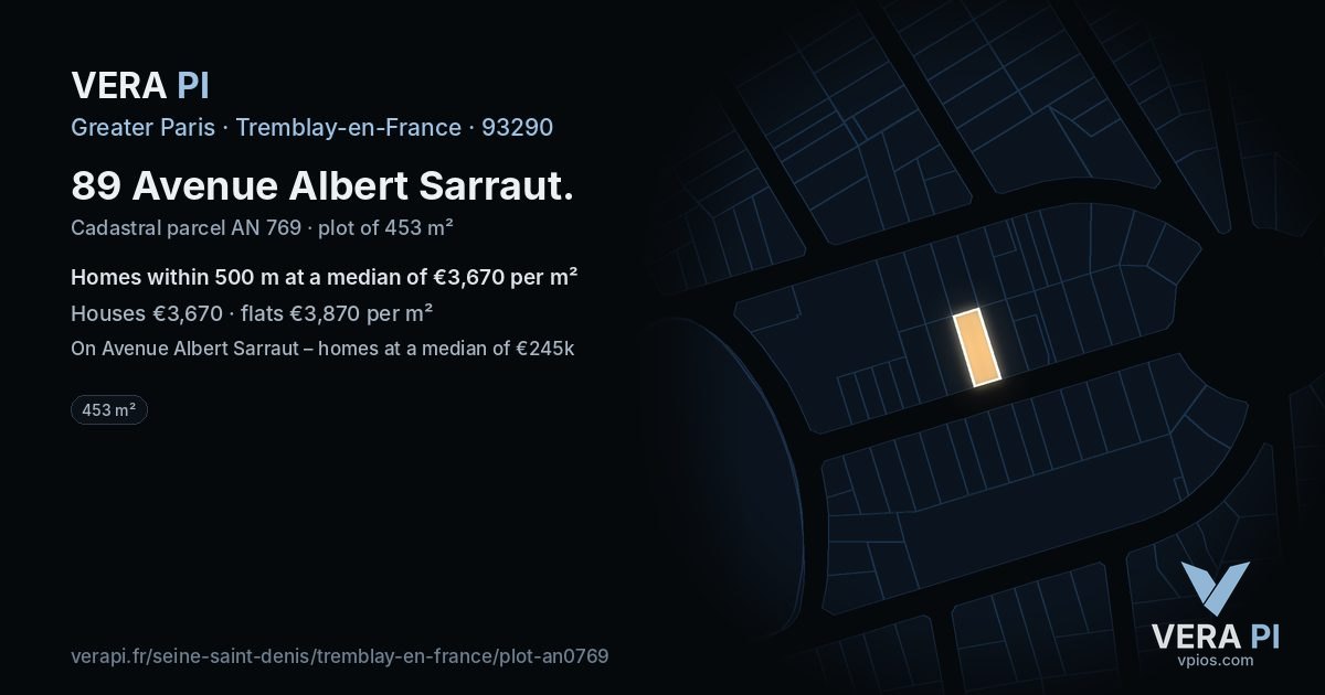 89 Avenue Albert Sarraut, Tremblay-en-France at night – the plot lit, the parcels around coloured by the prices near them