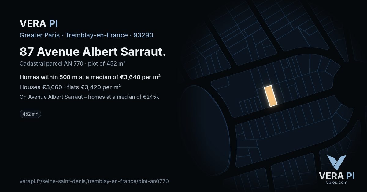 87 Avenue Albert Sarraut, Tremblay-en-France at night – the plot lit, the parcels around coloured by the prices near them