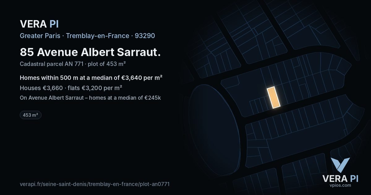 85 Avenue Albert Sarraut, Tremblay-en-France at night – the plot lit, the parcels around coloured by the prices near them
