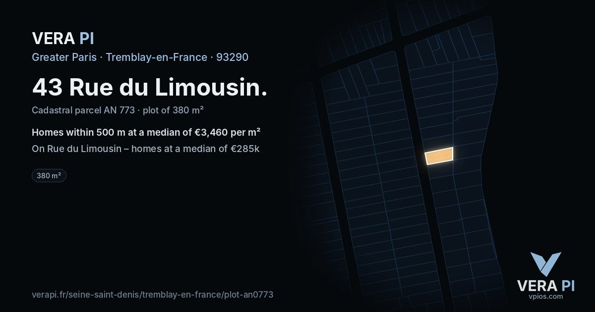 43 Rue du Limousin, Tremblay-en-France at night – the plot lit, the parcels around coloured by the prices near them