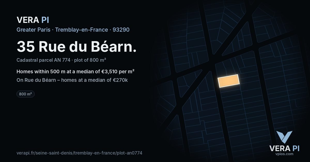 35 Rue du Béarn, Tremblay-en-France at night – the plot lit, the parcels around coloured by the prices near them