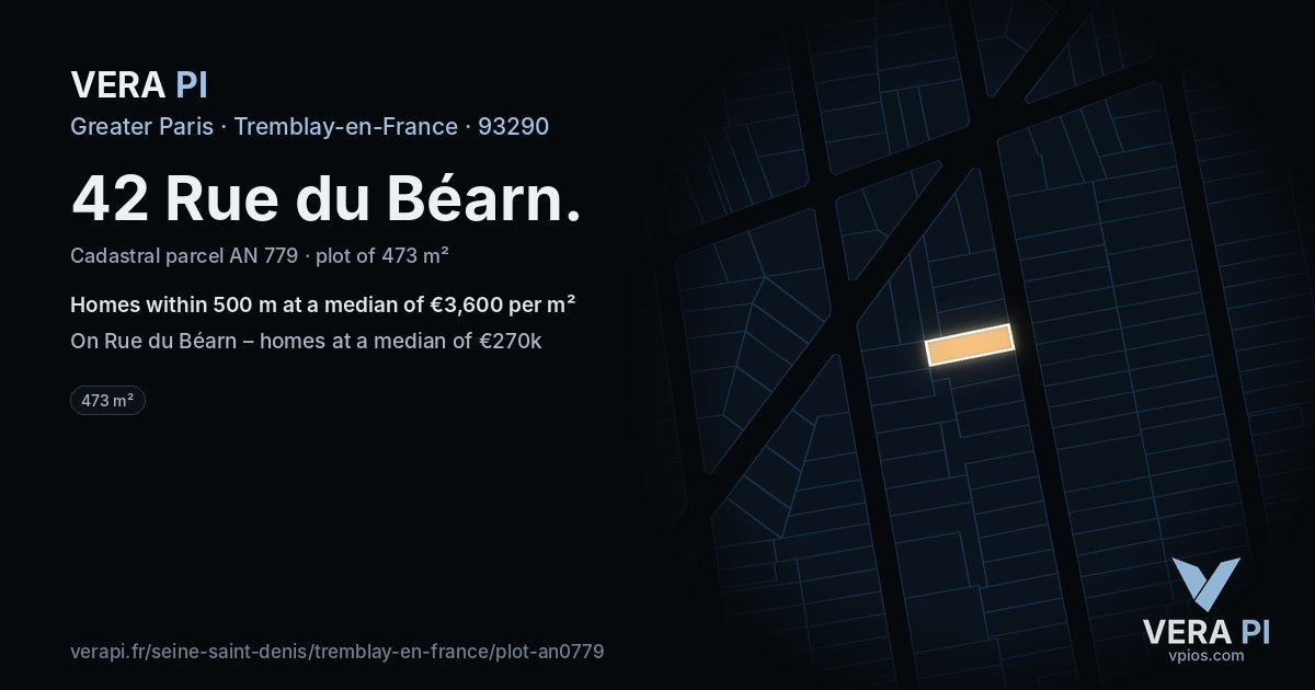 42 Rue du Béarn, Tremblay-en-France at night – the plot lit, the parcels around coloured by the prices near them