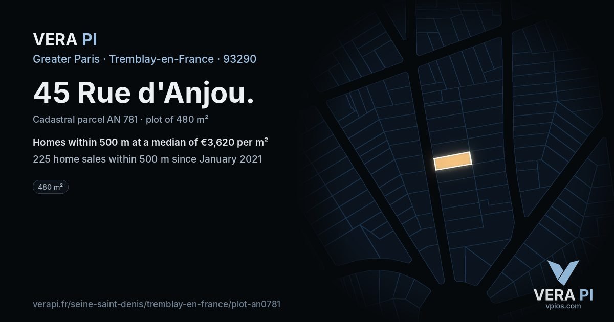 45 Rue d'Anjou, Tremblay-en-France at night – the plot lit, the parcels around coloured by the prices near them