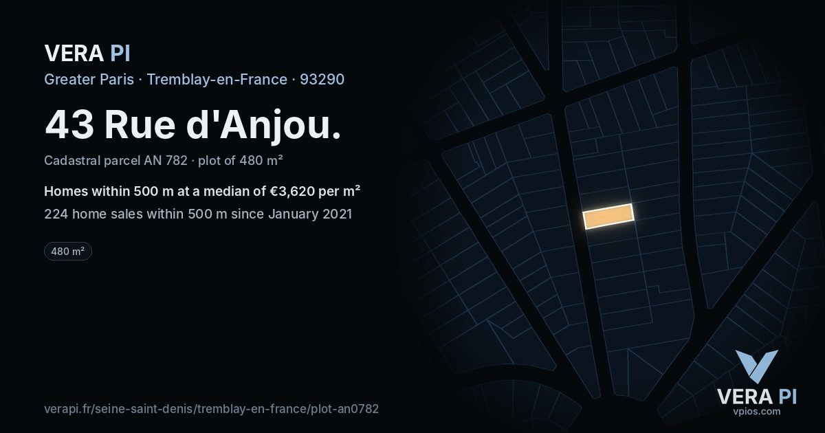 43 Rue d'Anjou, Tremblay-en-France at night – the plot lit, the parcels around coloured by the prices near them