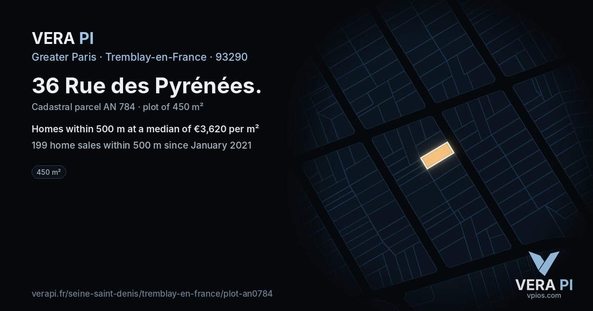 36 Rue des Pyrénées, Tremblay-en-France at night – the plot lit, the parcels around coloured by the prices near them