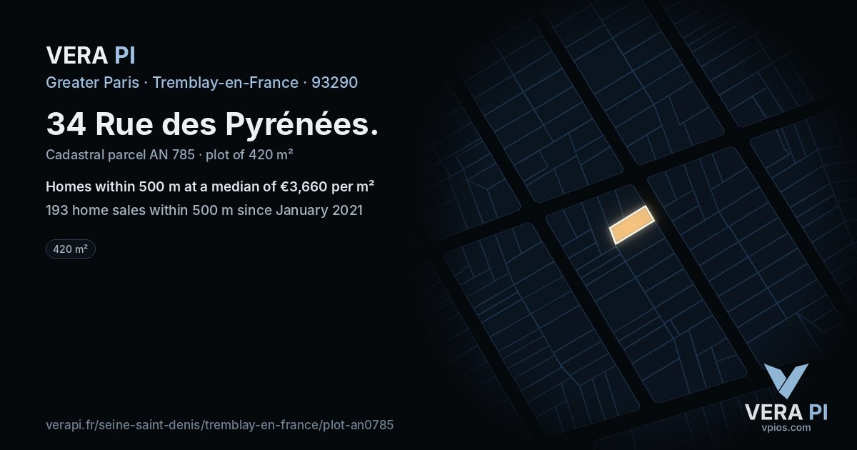 34 Rue des Pyrénées, Tremblay-en-France at night – the plot lit, the parcels around coloured by the prices near them