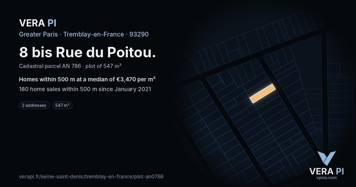 8 bis Rue du Poitou, Tremblay-en-France at night – the plot lit, the parcels around coloured by the prices near them