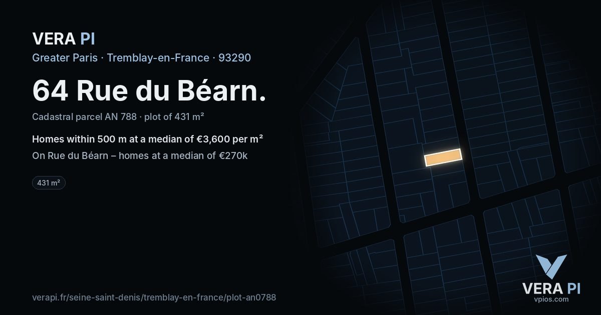 64 Rue du Béarn, Tremblay-en-France at night – the plot lit, the parcels around coloured by the prices near them