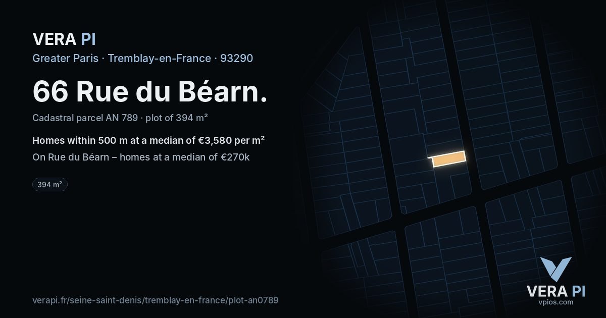 66 Rue du Béarn, Tremblay-en-France at night – the plot lit, the parcels around coloured by the prices near them