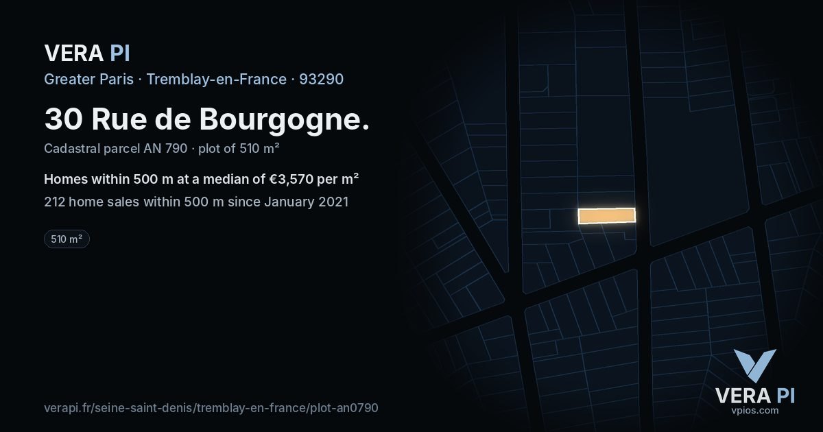 30 Rue de Bourgogne, Tremblay-en-France at night – the plot lit, the parcels around coloured by the prices near them