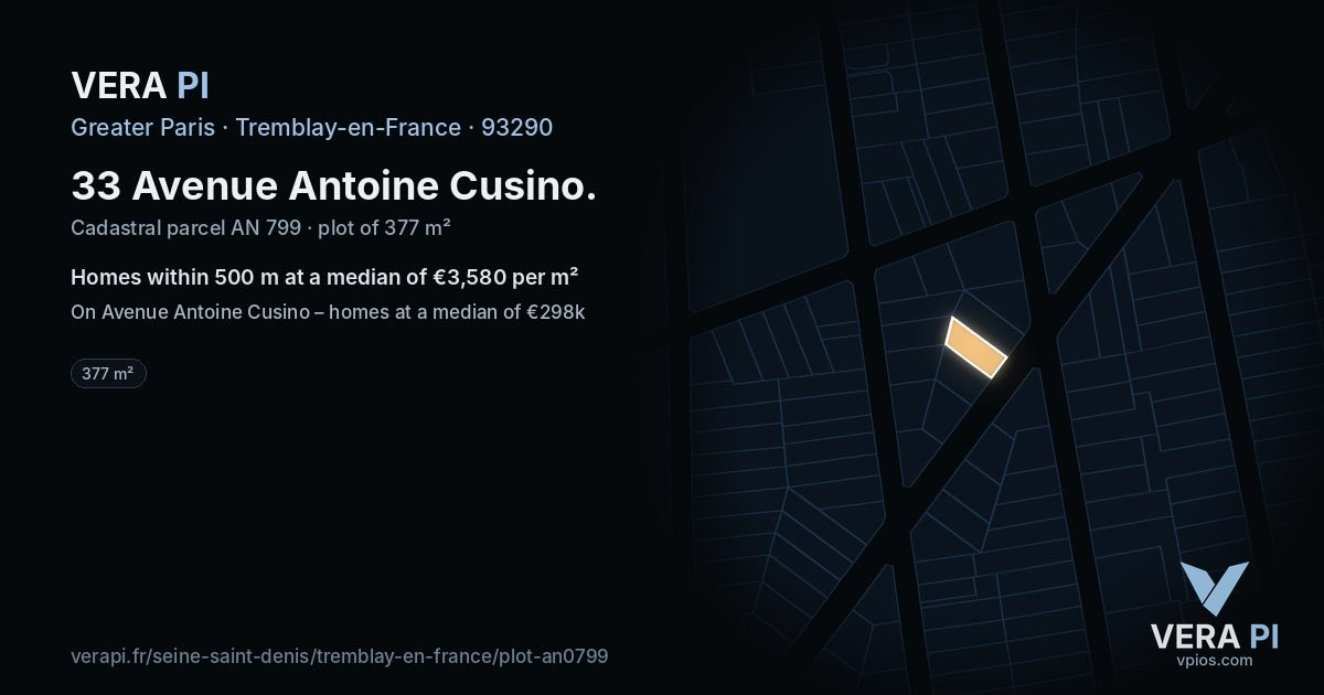 33 Avenue Antoine Cusino, Tremblay-en-France at night – the plot lit, the parcels around coloured by the prices near them