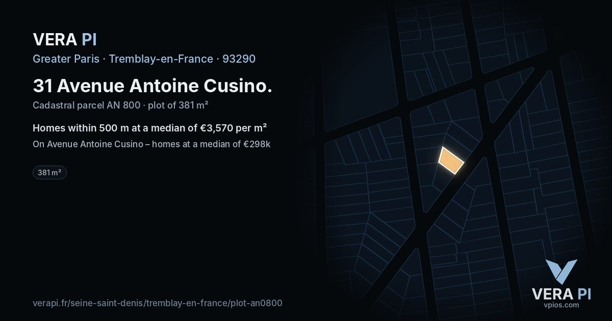 31 Avenue Antoine Cusino, Tremblay-en-France at night – the plot lit, the parcels around coloured by the prices near them