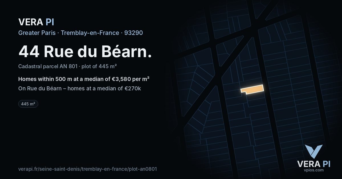 44 Rue du Béarn, Tremblay-en-France at night – the plot lit, the parcels around coloured by the prices near them