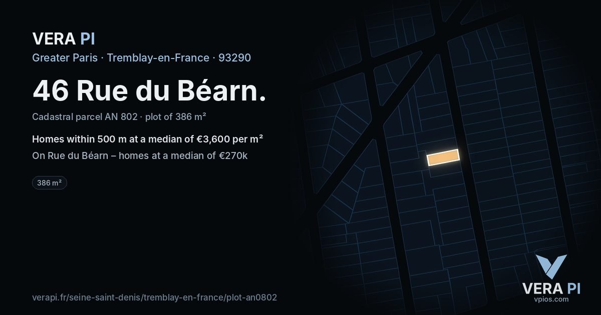 46 Rue du Béarn, Tremblay-en-France at night – the plot lit, the parcels around coloured by the prices near them