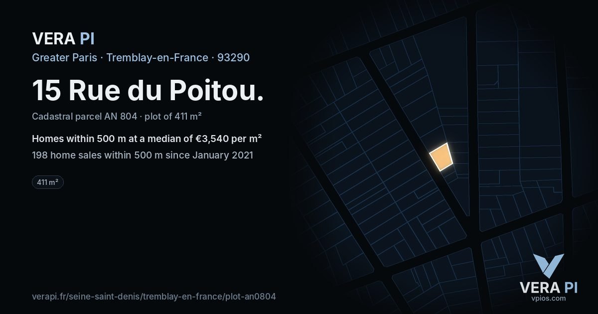 15 Rue du Poitou, Tremblay-en-France at night – the plot lit, the parcels around coloured by the prices near them