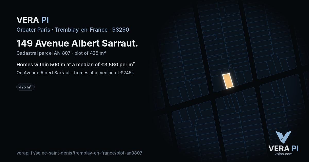 149 Avenue Albert Sarraut, Tremblay-en-France at night – the plot lit, the parcels around coloured by the prices near them
