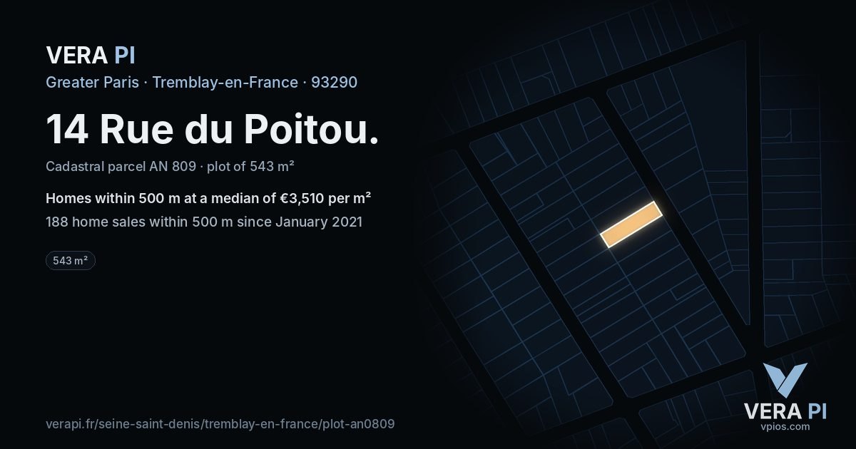 14 Rue du Poitou, Tremblay-en-France at night – the plot lit, the parcels around coloured by the prices near them