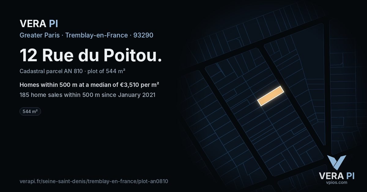 12 Rue du Poitou, Tremblay-en-France at night – the plot lit, the parcels around coloured by the prices near them