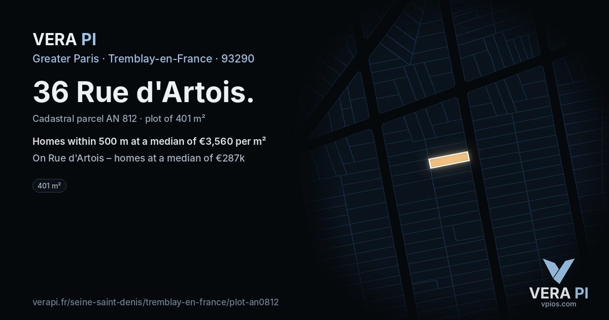 36 Rue d'Artois, Tremblay-en-France at night – the plot lit, the parcels around coloured by the prices near them