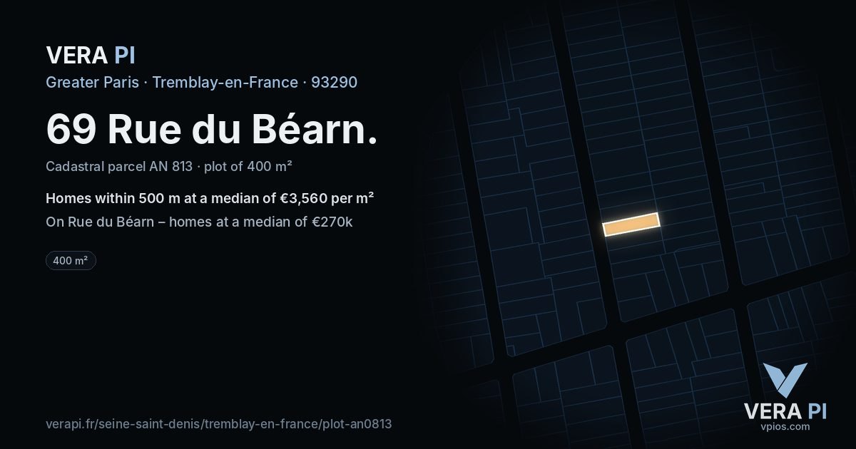 69 Rue du Béarn, Tremblay-en-France at night – the plot lit, the parcels around coloured by the prices near them