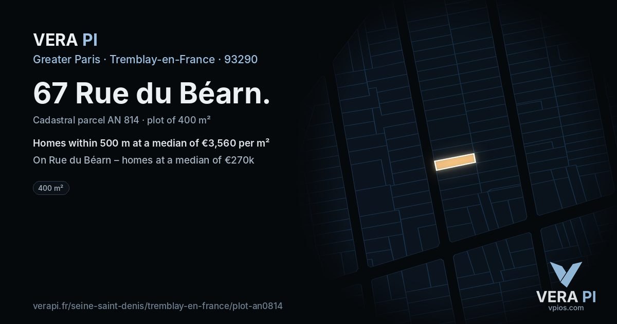 67 Rue du Béarn, Tremblay-en-France at night – the plot lit, the parcels around coloured by the prices near them
