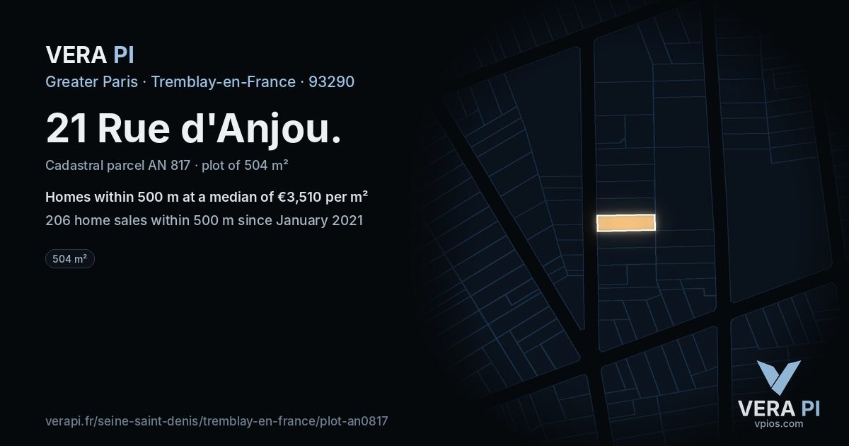 21 Rue d'Anjou, Tremblay-en-France at night – the plot lit, the parcels around coloured by the prices near them