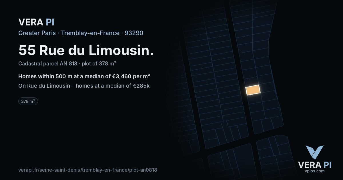 55 Rue du Limousin, Tremblay-en-France at night – the plot lit, the parcels around coloured by the prices near them