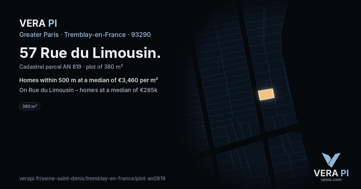 57 Rue du Limousin, Tremblay-en-France at night – the plot lit, the parcels around coloured by the prices near them