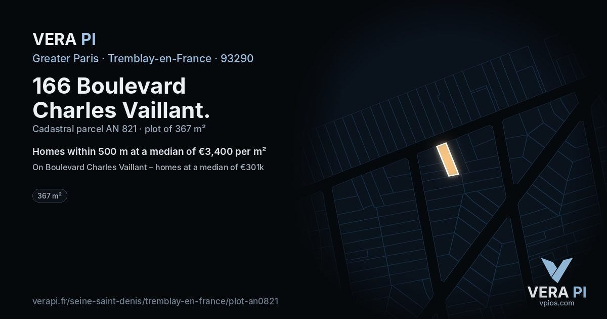 166 Boulevard Charles Vaillant, Tremblay-en-France at night – the plot lit, the parcels around coloured by the prices near them