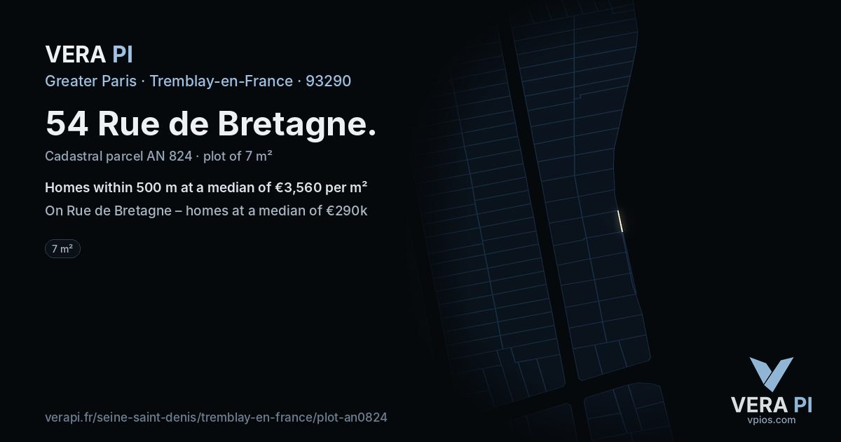 54 Rue de Bretagne, Tremblay-en-France at night – the plot lit, the parcels around coloured by the prices near them
