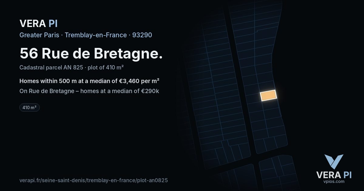 56 Rue de Bretagne, Tremblay-en-France at night – the plot lit, the parcels around coloured by the prices near them