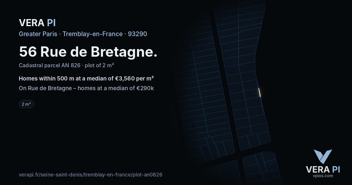 56 Rue de Bretagne, Tremblay-en-France at night – the plot lit, the parcels around coloured by the prices near them