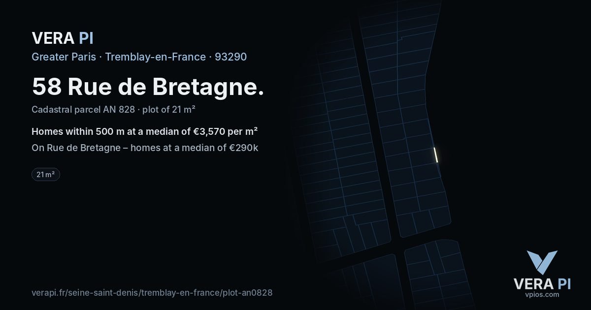 58 Rue de Bretagne, Tremblay-en-France at night – the plot lit, the parcels around coloured by the prices near them