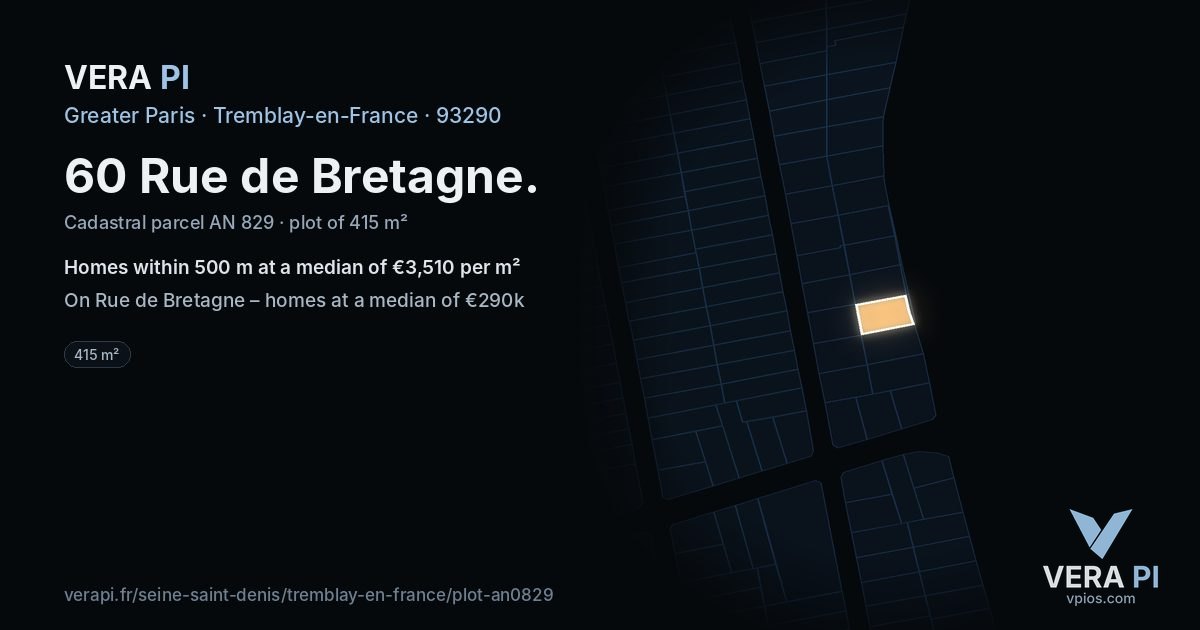 60 Rue de Bretagne, Tremblay-en-France at night – the plot lit, the parcels around coloured by the prices near them