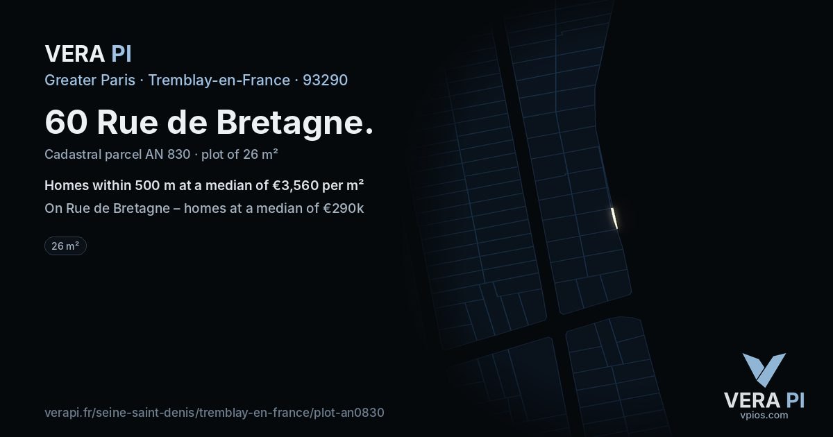 60 Rue de Bretagne, Tremblay-en-France at night – the plot lit, the parcels around coloured by the prices near them