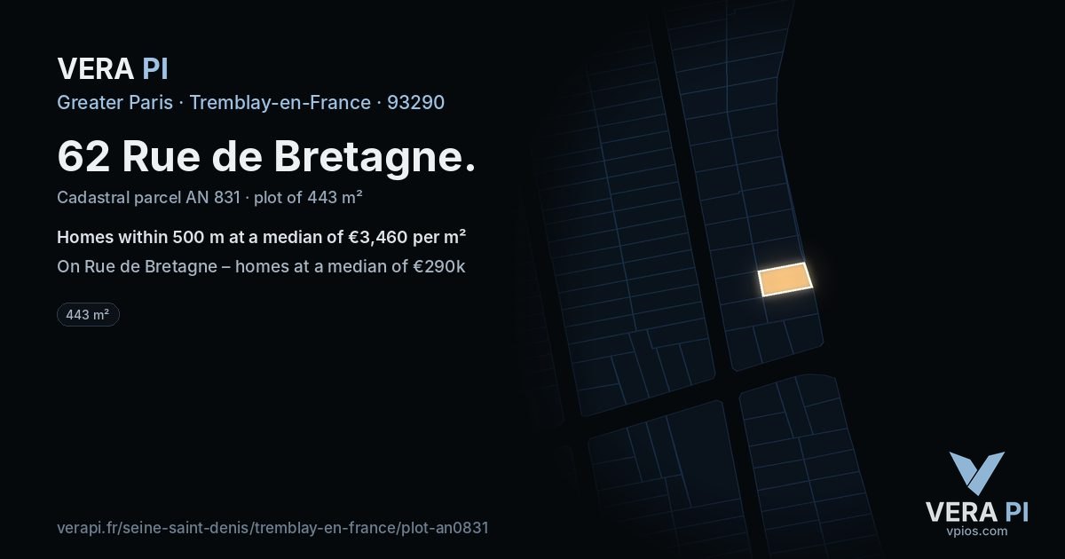 62 Rue de Bretagne, Tremblay-en-France at night – the plot lit, the parcels around coloured by the prices near them