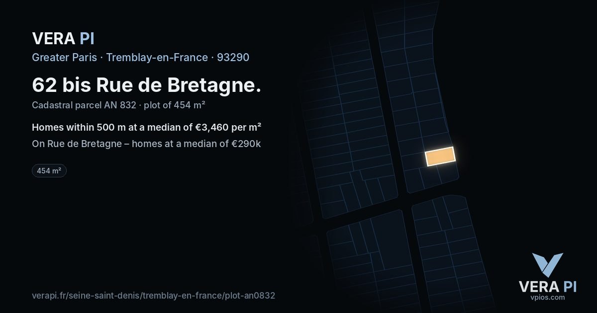 62 bis Rue de Bretagne, Tremblay-en-France at night – the plot lit, the parcels around coloured by the prices near them