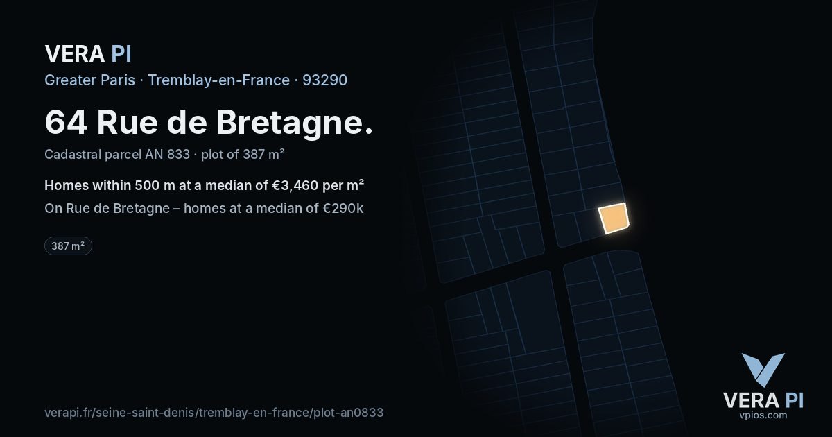64 Rue de Bretagne, Tremblay-en-France at night – the plot lit, the parcels around coloured by the prices near them