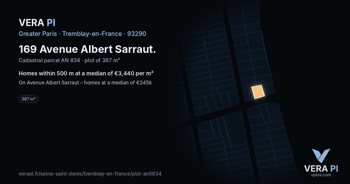 169 Avenue Albert Sarraut, Tremblay-en-France at night – the plot lit, the parcels around coloured by the prices near them