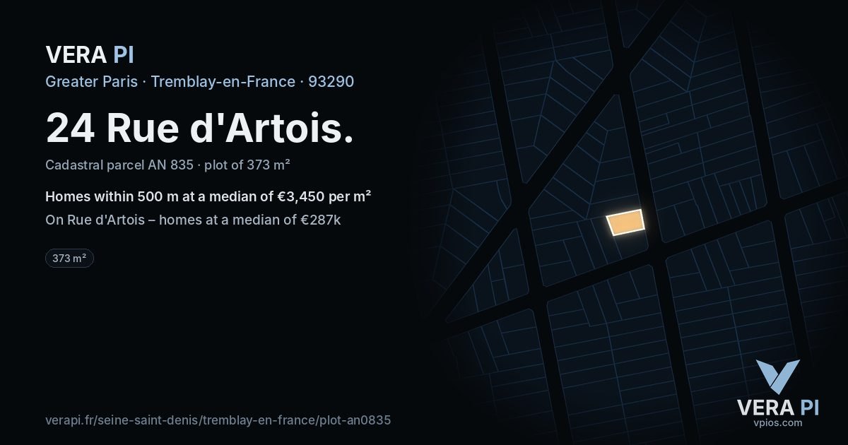 24 Rue d'Artois, Tremblay-en-France at night – the plot lit, the parcels around coloured by the prices near them
