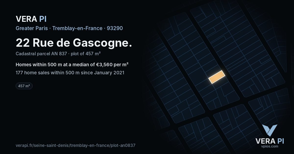 22 Rue de Gascogne, Tremblay-en-France at night – the plot lit, the parcels around coloured by the prices near them