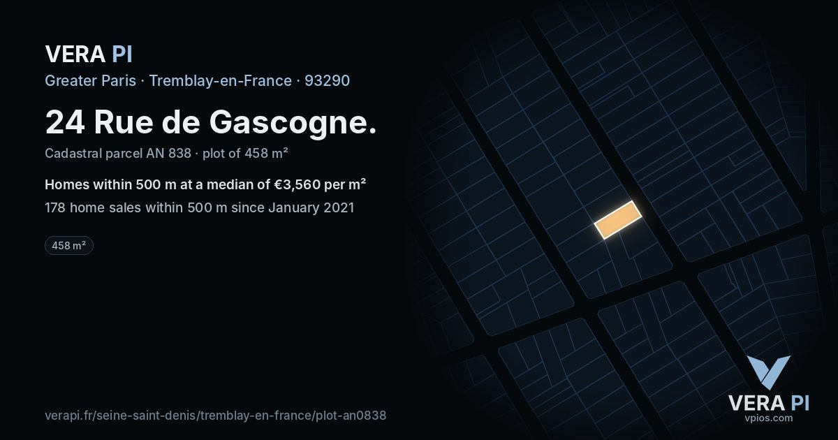 24 Rue de Gascogne, Tremblay-en-France at night – the plot lit, the parcels around coloured by the prices near them