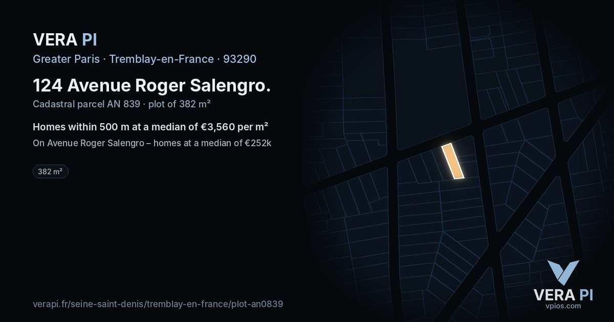 124 Avenue Roger Salengro, Tremblay-en-France at night – the plot lit, the parcels around coloured by the prices near them