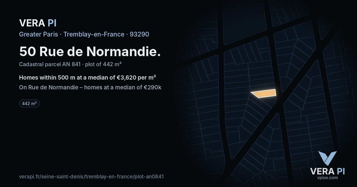 50 Rue de Normandie, Tremblay-en-France at night – the plot lit, the parcels around coloured by the prices near them